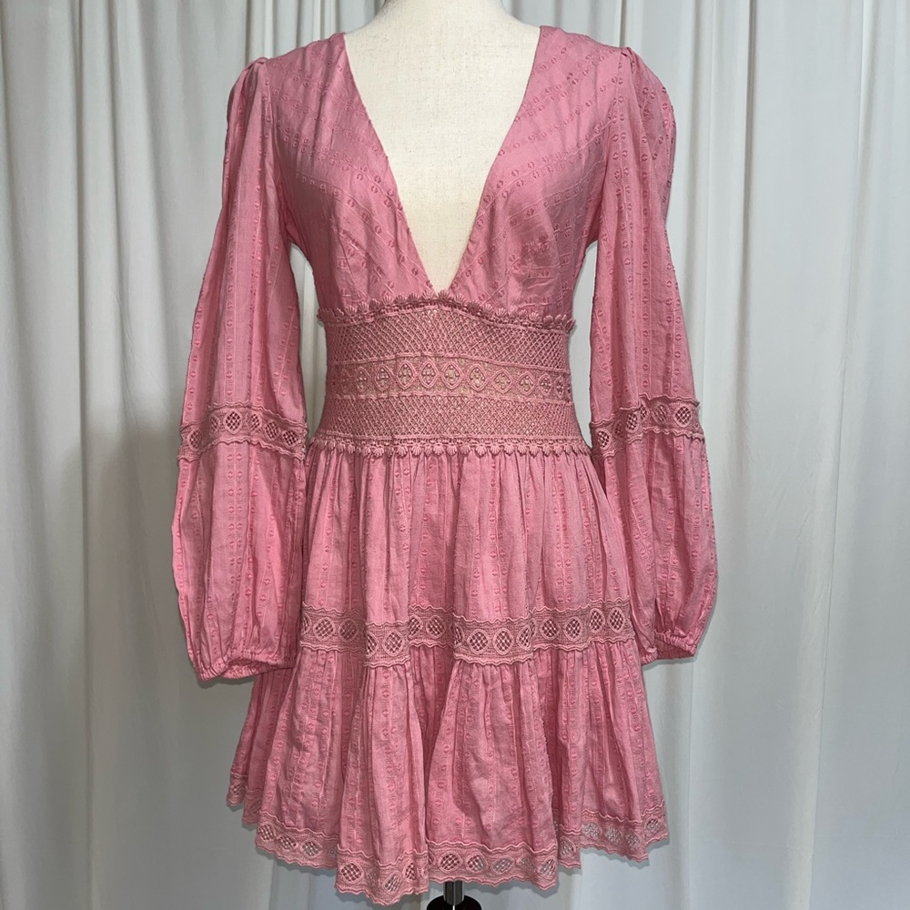 Free People The Delightful Dusty Pink V Neck Tiered Bohemian Mini Dress Size 4